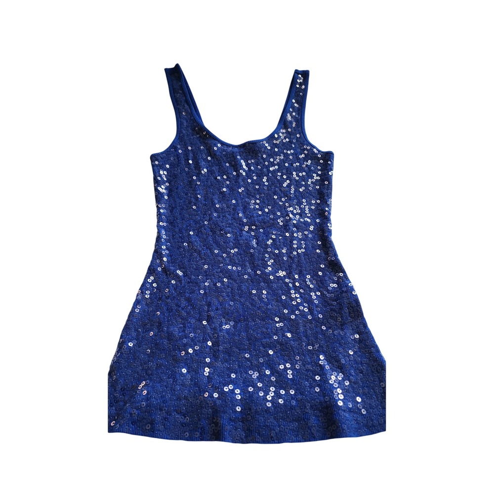 Express Womens Royal Blue Sequin Front Ribbed Knit Tank Top XS Night Out Party